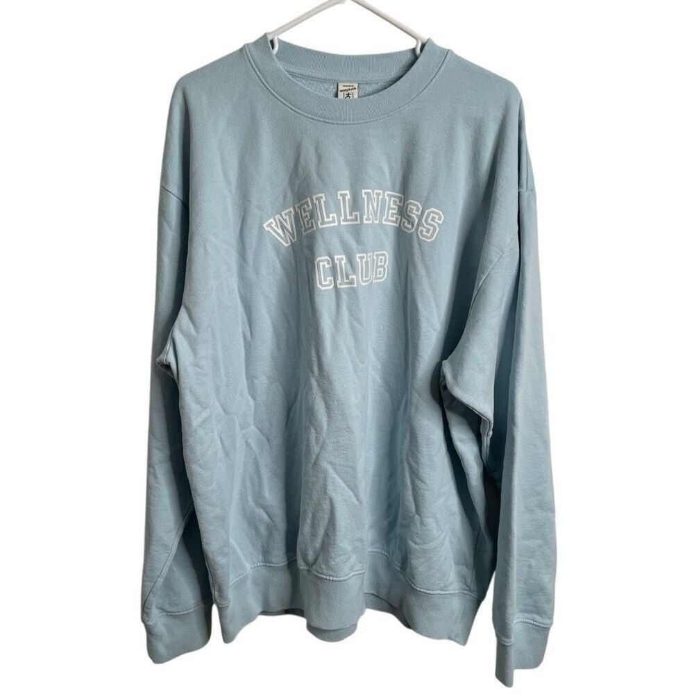 Sporty & Rich Womens Wellness Club Flocked Crewneck XL Ciel Varsity Collegiate